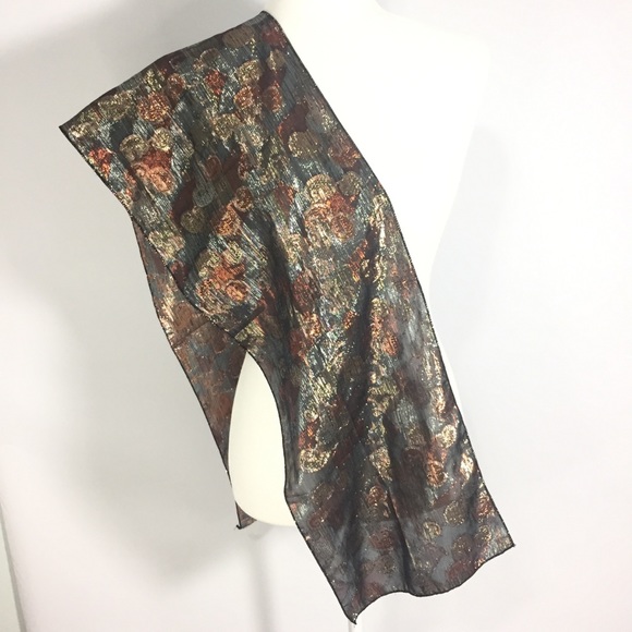 Vintage Scarf Metallic Silver Gold Copper Black Warm Fall Colors - Picture 2 of 13